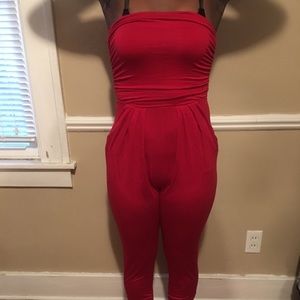 Red sheer jumpsuit for women with pockets